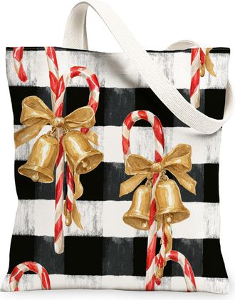 Generic Holiday Canvas Tote Bags, Bells and Candy Cane Design Reusable Grocery Bags, Rustic Checkered Lightweight Washable Canvas for Travel Beach 13x15 Inch