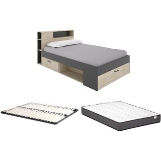 Vente-Unique Letto con testata con vani e cassetti 120 x 190 cm Naturale e Antracite + Rete a doghe + Materasso - LEANDRE