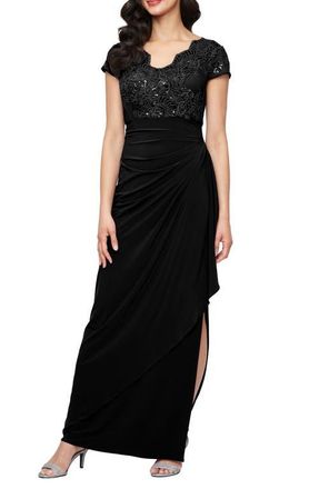 Alex Evenings Sequin Embroidered Ruched Gown in Black at Nordstrom, Size 14