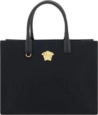 Versace Tote Bags, female, Black, Size: ONE SIZE Medusa Handbag with Metal Plaque