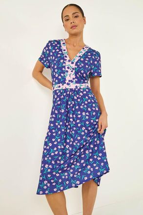 Roman Floral Contrast Stretch Midi Dress