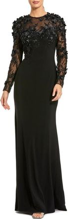Mac Duggal Petite Jersey Long Sleeve Fitted Gown With Floral Beading in Black at Nordstrom, Size 12