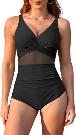 SHEKINI Swimming Costume for Women Mesh Splicing One Piece Swimsuits V Neck Twist Front Tummy Control Bathing Suits