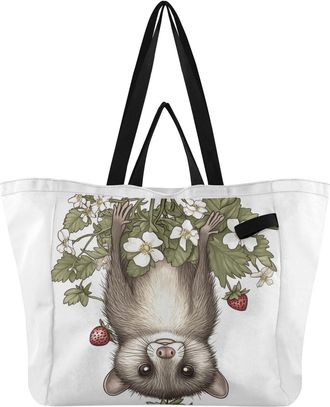 Generic Opossum Strawberry White pattern Reusable Canvas Tote Bag, Heavy Duty Grocery Shopping Bag with Large Capacity Hard Bottom Double Handles Work Groceri