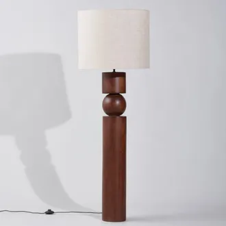 Maisons du monde L&aacute;mpara de pie de madera de mango esculpida y pantalla de algod&oacute;n