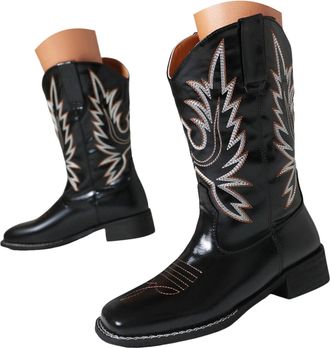 Generic Womens Fashion Western Cowgirl Cowboy Boots Wide Calf Embroidered Square Toe Chunky Low Heel Pull on Mid Calf Boots Black