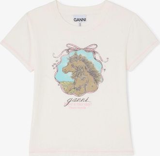 Ganni White Baby Fit T-shirt with Horses - Size XS Organic Cotton