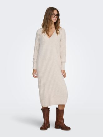 Only Strickkleid ONLY ONLNEW TESSA L/S MIDI V DRESS, Damen, Gr. L, N-Gr, weiss (pumice stone melange), Strick, Obermaterial: 100% Polyacryl, meliert, unifa