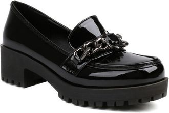 Generic Womens Patent Leather Dress Shoes with Metal Chain Slip on Platform Loafers Chunky Heel Casual Shoes,Black,2.5 UK