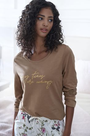 Lascana Pyjamaoberteil LASCANA, Damen, Gr. 32/34, braun, Single Jersey, Obermaterial: 50% Baumwolle, 50% Viskose, unifarben, Basic, Basic h&uuml;ftlang, Rundhals, 