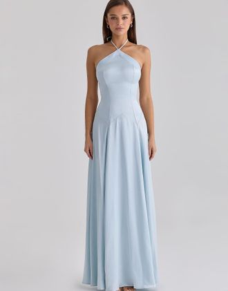 House of CB Avelina - Vestito lungo godet allacciato al collo in raso blu