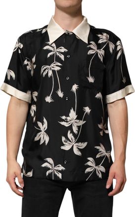 Dolce & Gabbana Black Printed Silk Short Sleeves Casual Mens Shirt (Pre-Owned)