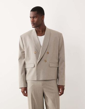Asos Giacca da abito doppiopetto squadrata avvolgente con collo sciallato beige a spina di pesce-Neutro