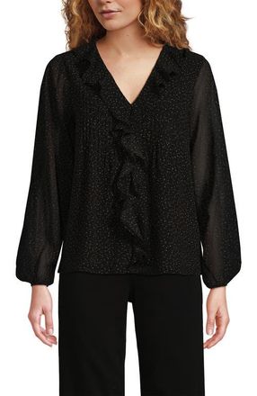 Lands End Chiffon Ruffle Front Pleated Blouse in Black Terrazzo Dot at Nordstrom, Size X-Small