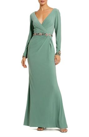 Mac Duggal Jersey Long Sleeve V Neck Gown With Beaded Belt in Sage at Nordstrom, Size 14