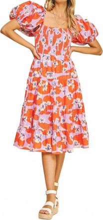 Pinch Design Floral Smocked Midi Dress With Bubble Sleeves In Lavender/orange