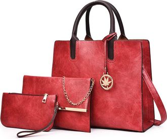 Generic Women Large Satchel Handbag Leather Crossbody Tote Ladies Shoulder Bag Top Handle Purses with Clutch 3PCS Set (Red)