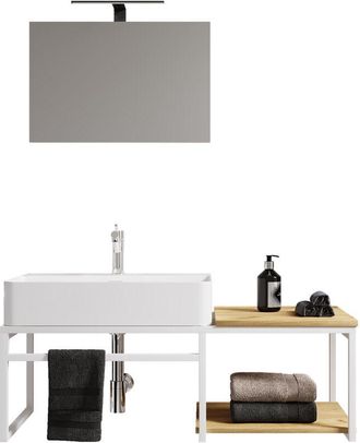 VCM 3 unids Lavabo Muebles de Baño Set Fregadero Metal Metal Estilo Industrial Bitila 100 V1 (Blanco / Roble de Miel)