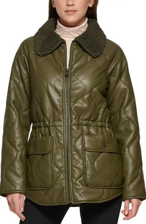 Kenneth Cole Faux Fur Trimmed Quilted Faux Leather Anorak Jacket in Olive at Nordstrom Rack, Size X-Small