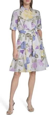 Calvin Klein Short Sleeve Cotton Shirtdress in English Lavendar Multi at Nordstrom Rack, Size 10