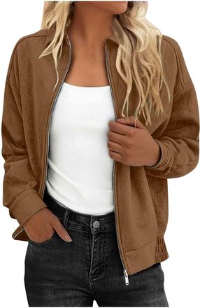 Generic ladies winter coats Womens Coats Casual Faux Suede Jackets Long Sleeves Corduroy Outerwear Fall Trendy Fashion Zip up Pilot Streetwear Khaki S
