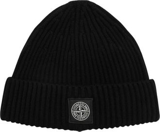 Stone Island Ribbed Beanie - Heren - Hoeden - Zwart - ONE Size - Wol - Accessoires