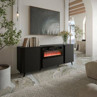 Dmora Aparador Briano, Aparador De Sal&oacute;n Con Dos Puertas Batientes, Puerta Abatible Y Chimenea El&eacute;ctrica, Elevado Del Suelo, 191 X 40 X 69 Cm, Color Negro