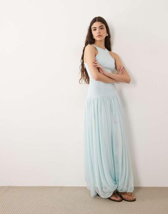 Asos Vestito lungo ibrido con scollo a vogatore azzurro chiaro-Blu
