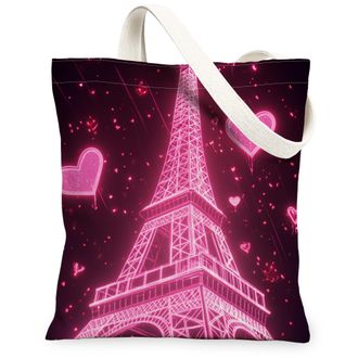 Generic Peach Paris Tower Canvas Tote Bags, Romantic Heart Pattern Reusable Grocery Bags, Stylish Lightweight Washable Shoulder Strap Canvas for Shopping Trav