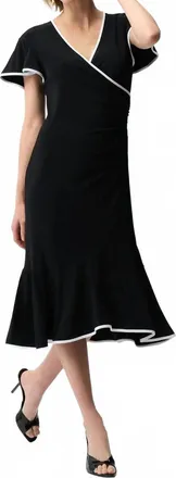 Joseph Ribkoff Contrast Trim Faux Wrap Midi Dress In Black/vanilla