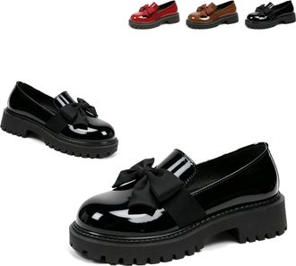 Generic Womens Cute Bowknot Design Loafers Elegant Round Toe Platform Non-Slip Lug Sole Casual Dress Shoes Fashionable Solid Color Slip on Loafers Office Walk