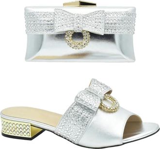 Generic Womens Low Heels Slip On Sandals and Handbag Matching Set Rhinestone Bow Decorated for Wedding Bride Party