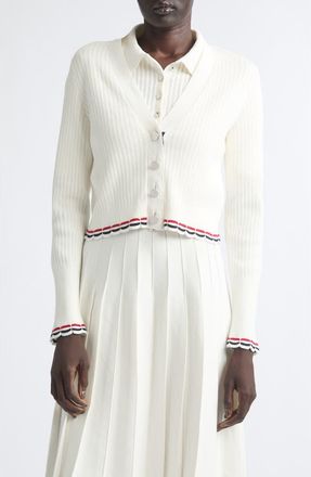 Thom Browne Pointelle Rib Stitch Cardigan in White at Nordstrom, Size 38
