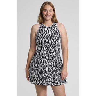 Lands End Plus Size Tugless High Neck Swim Dress Swimsuit in Black/white Vine Floral at Nordstrom, Size 20W