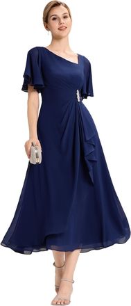 Ever-pretty Mother of The Bride Dress Maxi Length Asymmetrical Neckline Ruffled Hem Navy Blue 14