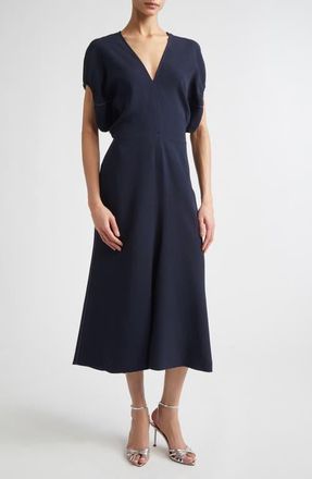 Victoria Beckham Blouson Detail Stretch Crepe Midi Dress in Navy at Nordstrom, Size 4 Us