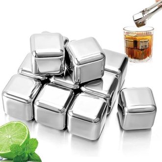OEM 12 Cubitos De Hielo De Acero Inoxidable, 304 Cubitos De Hielo Reutilizables De Acero Inoxidable Con Pinzas Para Hielo Y Caja Con Clip De Silicona, Ade