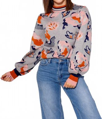 THML Clothing Abstract Floral Knit Sweater In Grey