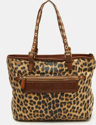 Roberto Cavalli Brown Leopard Print Straw And Leather Front Zip Tote