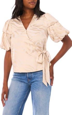 Vince Camuto Double Bubble Sleeve Satin Jacquard Wrap Front Top in Birch at Nordstrom, Size X-Small