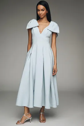 Mac Duggal Ieena Crepe V-Neck Midi Dress