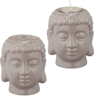 Relaxdays Relaxdays - Tealight Holder, Set of 3, Buddha Head Design, Ceramic, Zen Home Decor, Living Room, Bathroom, Feng Shui, Grey
