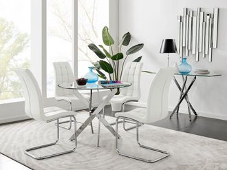 Furniturebox Novara Chrome Metal 100cm Round Glass Dining Table & 4 Murano Dining Chairs in White
