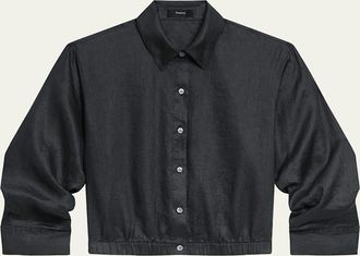 Theory Ruched-Sleeve Cropped Linen Shirt