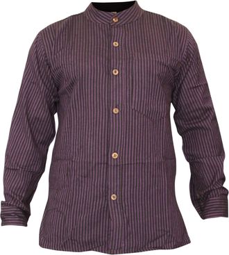 Shopoholic Fashion Stripe Grandad Shirt for Men, Handloomed Cotton Long Sleeve Band Collar Hippie Clothes, Purple, 2XL