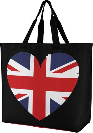 Generic UK Heart Flag Reusable Shopping Bags One Shoulder Grocery Tote Bag Waterproof Big Purse for Work Travel
