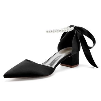 Generic Womens Pointed Toe Wedding Shoes Low Heels Satin Bridal Shoes Chunky Block Heels Comfortable Dance Shoes 4.5Cm,Black,10 UK