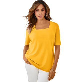 Jessica London Stretch Cotton Square Neck Tee in Sunset Yellow at Nordstrom, Size 32