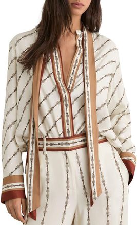 Reiss Lydia Chain Print Tie Neck Button-Up top in Ivory at Nordstrom, Size 14 Us
