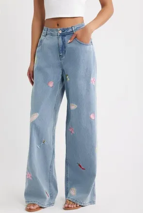 Kulani Kinis Sunshine Springs Embroidered Wide Leg Jeans at Nordstrom, Size X-Large